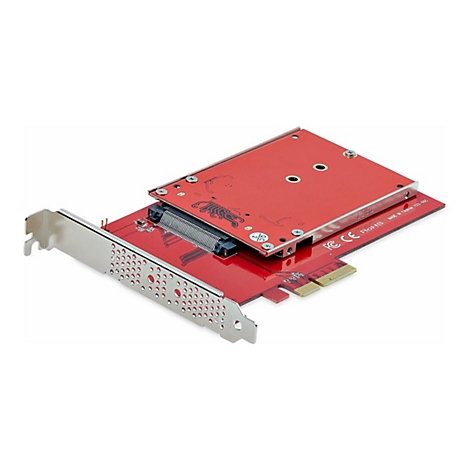 Carte de circuit imprimé rouge avec un support argenté. Il y a un connecteur et des vis sur la carte.