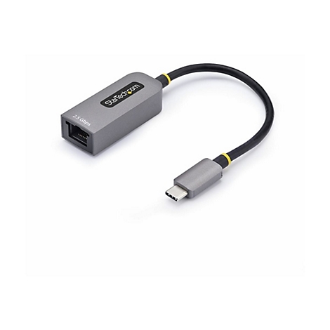 Adaptateur réseau gris avec connecteur USB-C, câble noir et accents jaunes. Imprimé : "StarTech.com" et "2,5 Gbps".