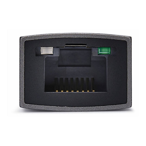 Gros plan sur un adaptateur réseau noir avec une prise RJ45, deux petites LED et des contacts dorés.