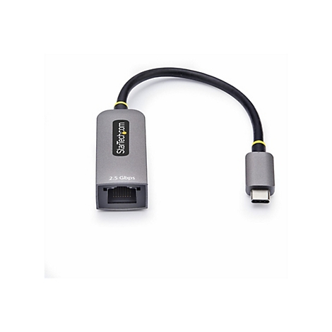 Un adaptateur Ethernet gris avec un câble noir, des accents jaunes et un connecteur USB-C.