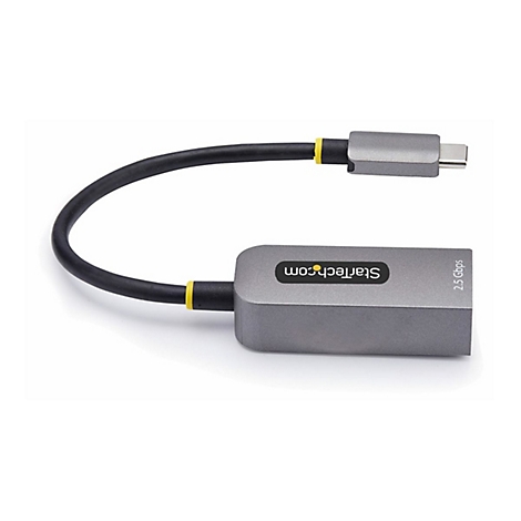 Adaptateur USB-C vers Ethernet gris avec câble noir et accents jaunes, sur fond blanc.