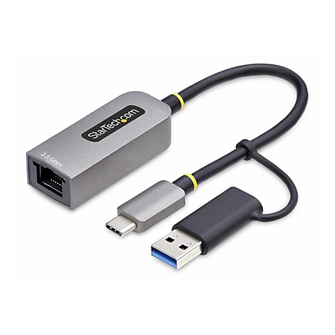 Un adaptateur USB-C vers Ethernet argenté. StarTech.com et 2,5 Gbps sont imprimés sur le boîtier. Câble noir avec des accents jaunes.