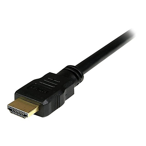 Ein schwarzes HDMI-Kabel mit vergoldetem Stecker. Das HDMI-Logo ist sichtbar.