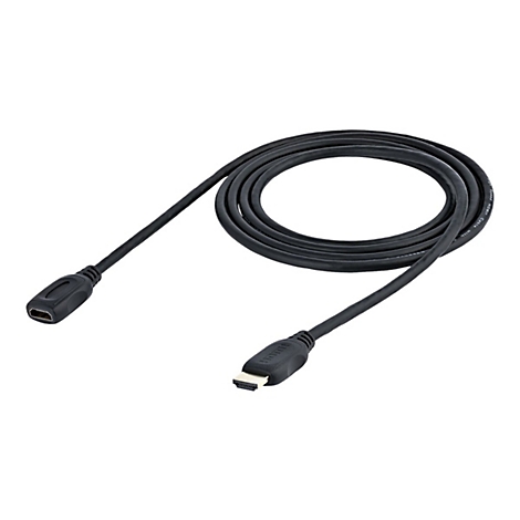 Ein schwarzes HDMI-Kabel liegt in einer Schlaufe. An beiden Enden sind Anschlüsse zu sehen.