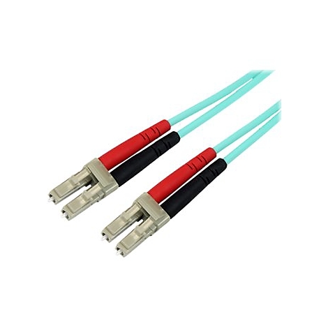 Zwei optische Glasfaserkabel mit roten und schwarzen Steckern.