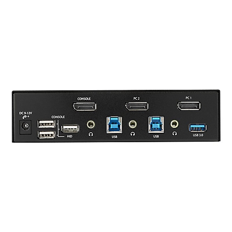 Schwarzes GerÃ¤t mit verschiedenen AnschlÃ¼ssen: HDMI, USB, Audio. Beschriftungen: Console, PC 1, PC 2, USB 3.0, DC 9-12V.