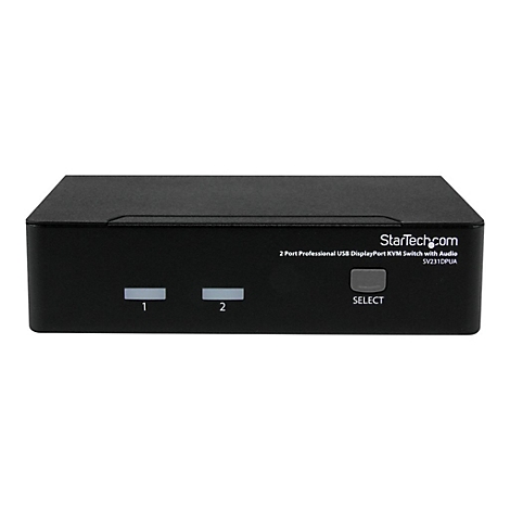 Schwarzer KVM-Switch mit zwei AnschlÃ¼ssen und Beschriftung: 1, 2 und SELECT. Hersteller: StarTech.com.