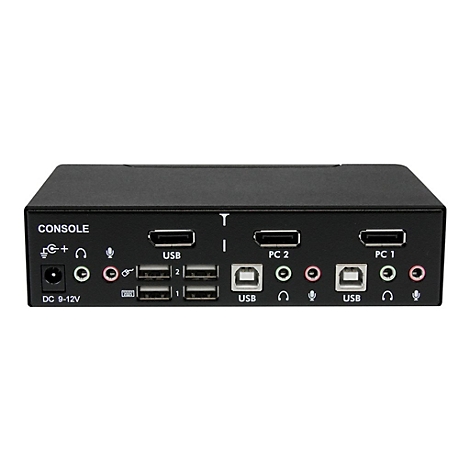 Schwarzer KVM-Switch mit AnschlÃ¼ssen fÃ¼r Konsole und PCs. Beschriftungen wie USB, Mikrofon und KopfhÃ¶rer sind zu sehen.