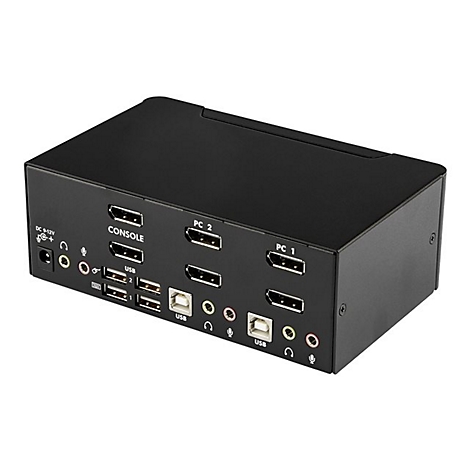 Schwarzer KVM-Switch mit zahlreichen AnschlÃ¼ssen wie HDMI, USB und AudioeingÃ¤ngen. Beschriftung: Console, PC1, PC2.