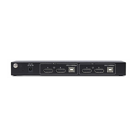 Schwarzer HDMI-Switch mit Eingängen für PC1 und PC2, USB-Anschlüssen und Stromanschluss.