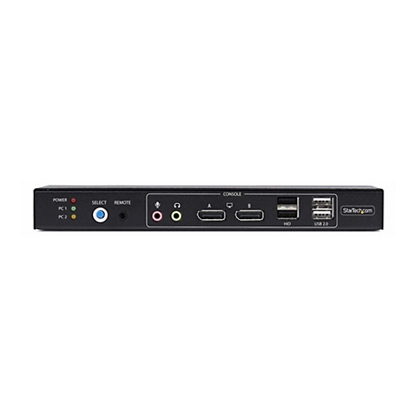 Schwarzer KVM-Switch mit Anschlüssen für Strom, PC1/2, Auswahl, Remote, Mikrofon/Kopfhörer, HDMI und USB. Mit StarTech.com Logo.
