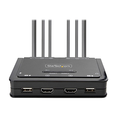 Schwarzer HDMI-Switch mit Antennen und AnschlÃ¼ssen, StarTech.com-Logo. Oben: Antennen, PC-AnschlÃ¼sse, Audio-AnschlÃ¼sse, USB-AnschlÃ¼sse.
