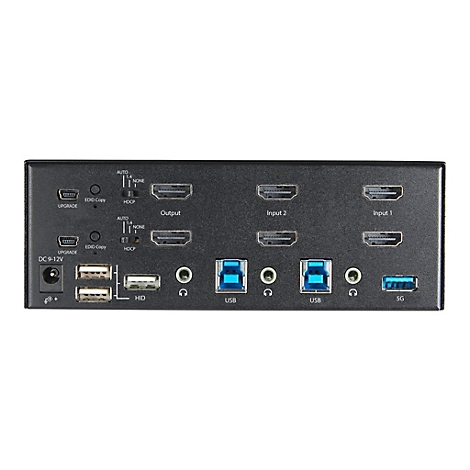 Schwarzer HDMI-Switch mit verschiedenen AnschlÃ¼ssen: HDMI-EingÃ¤nge, AusgÃ¤nge, USB-Ports, Audio-AnschlÃ¼sse und Stromanschluss.