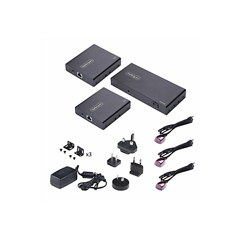 Plusieurs appareils réseau noirs et accessoires sur fond blanc. Appareils avec logo StarTech.com, alimentations, supports et récepteurs infrarouges.