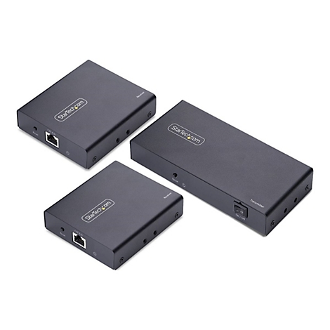 Trois récepteurs et émetteur StarTech.com noirs. L'un a un interrupteur marche/arrêt, un autre a un bouton de réinitialisation.