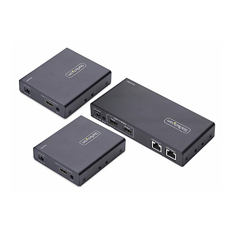 Trois appareils d'extension HDMI noirs, étiquetés avec StarTech.com et des connexions comme "12V 2A DC" et "HDMI 2.0 Output".