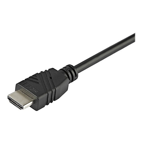 Schwarzes HDMI-Kabel, Stecker detailgetreu dargestellt.