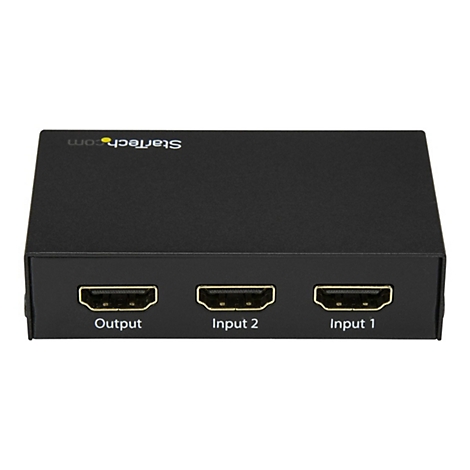 Schwarzer HDMI-Switch mit drei Anschlüssen, beschriftet mit Output, Input 2 und Input 1. Startech.com Logo.