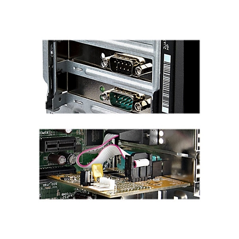 Nahaufnahme von PC-Anschlüssen und Leiterplattenkomponenten.