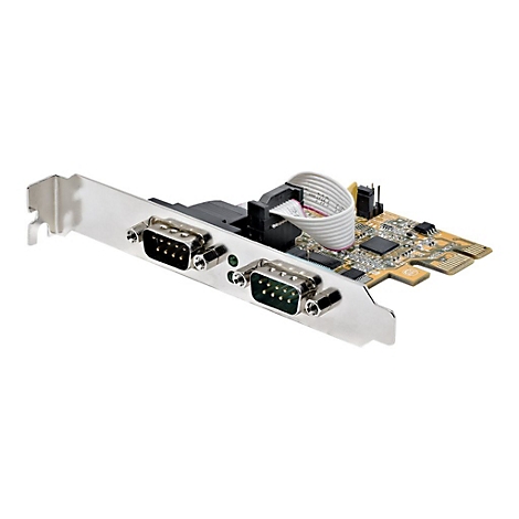 Eine Computer-Erweiterungskarte mit zwei Anschlüssen und einem weißen Flachbandkabel.