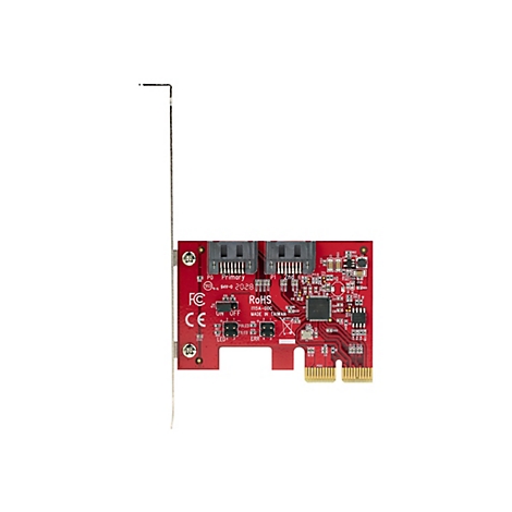 Eine rote PCIe-Erweiterungskarte mit Anschlüssen, Chips und Beschriftungen. Im oberen Bereich befinden sich zwei schwarze SATA-Anschlüsse. Die Karte hat die Aufschrift "RoHS" und "MADE IN TAIWAN".