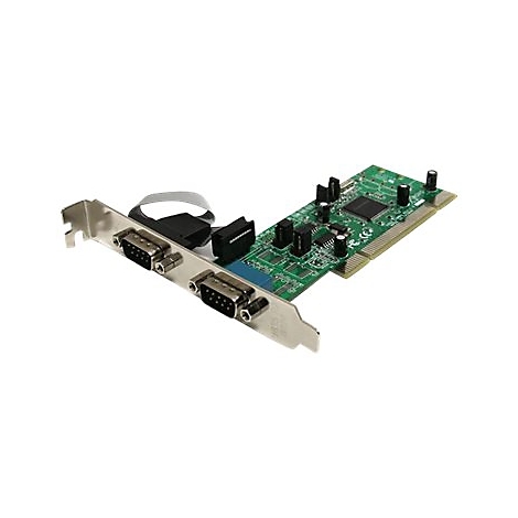 Eine grüne PCI-Karte mit Anschlüssen und Steckern, auf weißem Hintergrund.