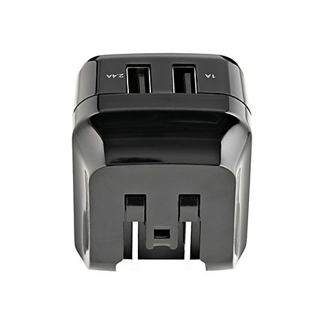 Schwarzer USB-Reiseadapter mit zwei USB-Anschlüssen. Oben stehen 2.4A und 1A.