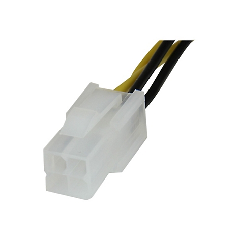 Nahaufnahme eines weißen, rechteckigen Steckers mit drei farbigen Kabeln, gelb, schwarz.