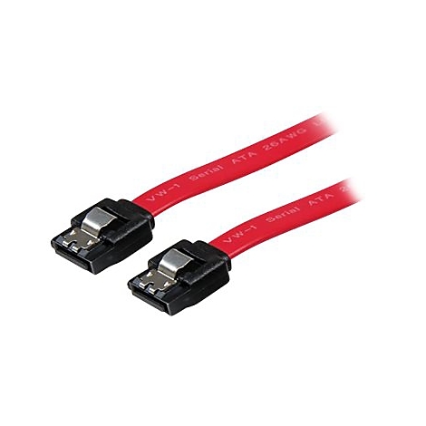 Rotes SATA-Kabel mit schwarzen Steckern auf weißem Hintergrund.