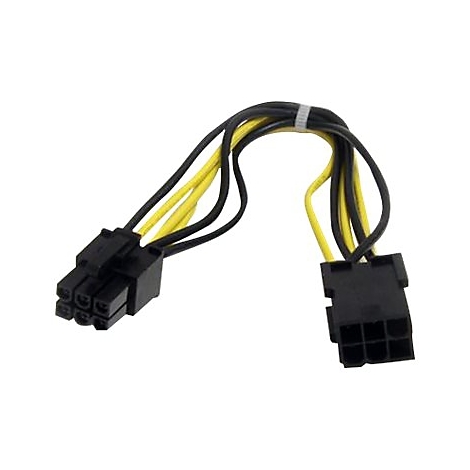 Ein Stromkabel-Adapter für Grafikkarten. Schwarze und gelbe Kabel verbinden zwei schwarze Stecker.