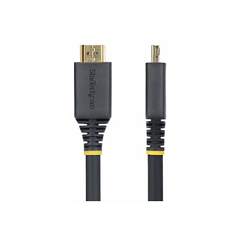 Un câble HDMI noir avec des connecteurs dorés. "StarTech.com" est écrit sur un connecteur.