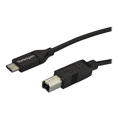 Schwarzes USB-C-auf-USB-B-Kabel, StarTech.com Logo. USB-C- und USB-B-Anschlüsse sind zu sehen.
