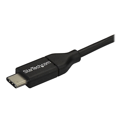 Schwarzes USB-C Kabel. Stecker mit „StarTech.com“ Aufdruck. Hintergrund weiss.