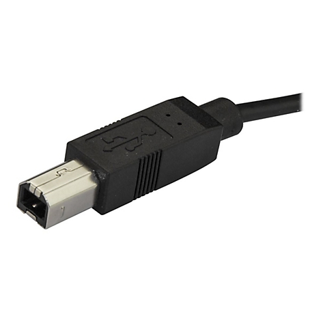 Nahaufnahme eines schwarzen USB-Kabels, Stecker mit silbernem Anschluss.