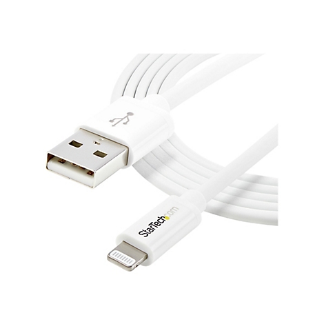 Weißes USB-Ladekabel mit Lightning-Anschluss. Das Kabel hat einen USB-A-Anschluss und einen Lightning-Anschluss mit dem StarTech.com-Logo.