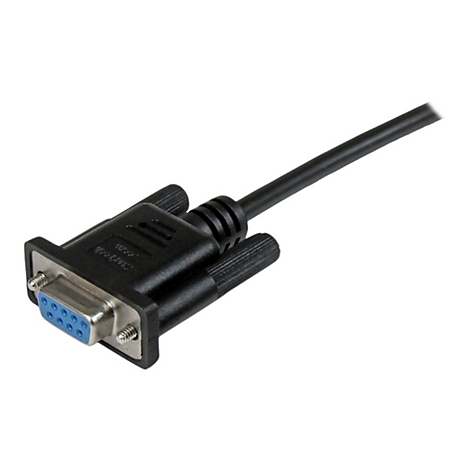 Ein schwarzes DB9-Kabel mit blauen Pins vor weißem Hintergrund.