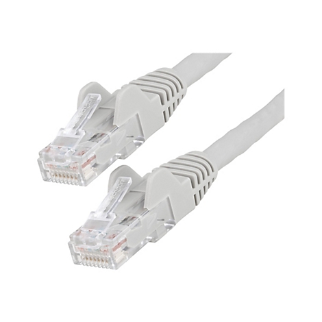 Zwei graue Ethernet-Kabel mit transparenten Steckern, vor weißem Hintergrund.