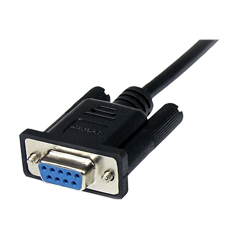 Nahaufnahme eines schwarzen DB9-Steckers mit blauem Kern und Metallrahmen.