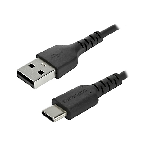 Schwarzes USB-Kabel mit USB-A- und USB-C-Steckern. Auf dem USB-C-Stecker ist StarTech.com aufgedruckt.