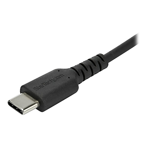 Ein schwarzes USB-C-Kabel mit der Aufschrift Startech.com auf dem Stecker.