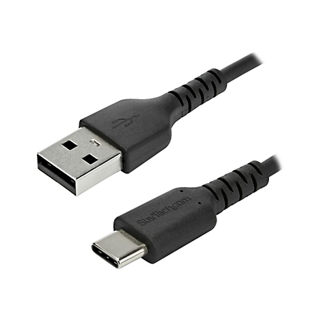 Schwarzes USB-Kabel mit USB-A- und USB-C-Anschlüssen. Auf einem Anschluss steht StarTech.com.