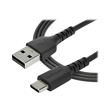 Schwarzes USB-C-Kabel mit USB-A-Anschluss. Das Kabel hat das Startech.com Logo.