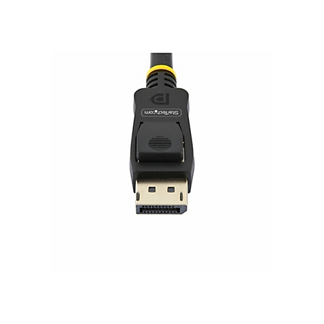 Nahaufnahme eines schwarzen DisplayPort-Kabels mit goldfarbenem Anschluss und StarTech.com-Logo.