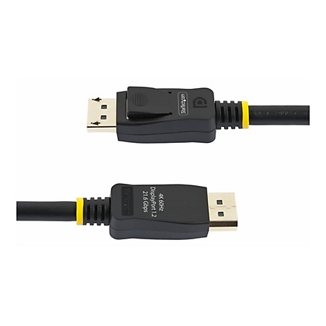 Zwei schwarze DisplayPort-Kabel mit gelben Akzenten, die von StarTech.com hergestellt wurden, vor weißem Hintergrund.