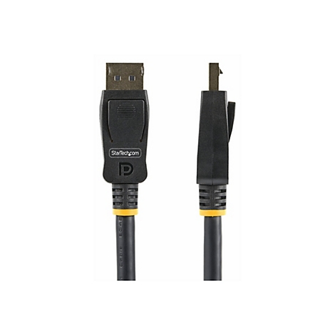 Schwarz-gelbes DisplayPort-Kabel mit Steckern; StarTech-Logo. Rechts das Profil des Steckers.