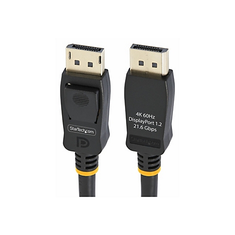 Zwei schwarze DisplayPort-Kabel mit vergoldeten Anschlüssen, beschriftet mit Produktinformationen.