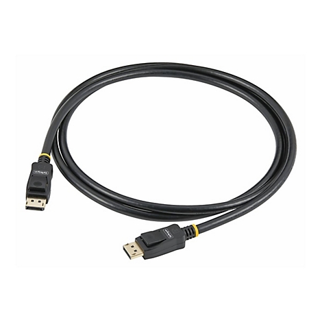 Ein schwarzes DisplayPort-Kabel mit Steckern an beiden Enden, das in einer Schleife liegt.