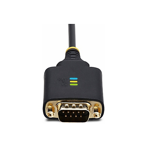 Gros plan d'un câble USB noir avec des accents jaunes et des lumières bleu-vert. Le connecteur est doré.