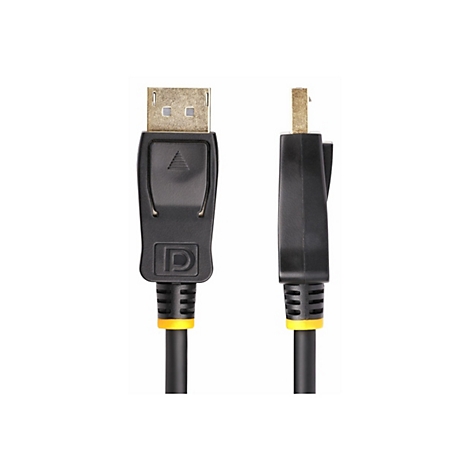 Gros plan d'un câble DisplayPort. Le câble a des boîtiers en plastique noir et des connecteurs dorés. Les connecteurs sont vus de face dans l'image de gauche et de côté dans l'image de droite.