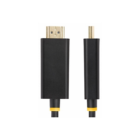 Un câble HDMI noir avec des connecteurs dorés sur fond blanc. Le connecteur est rectangulaire avec deux renfoncements.
